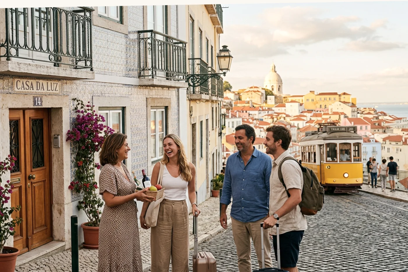 Lisbon host and guest using automate airbnb messages workflow with Tram 28 and Alfama viewpoints in the background