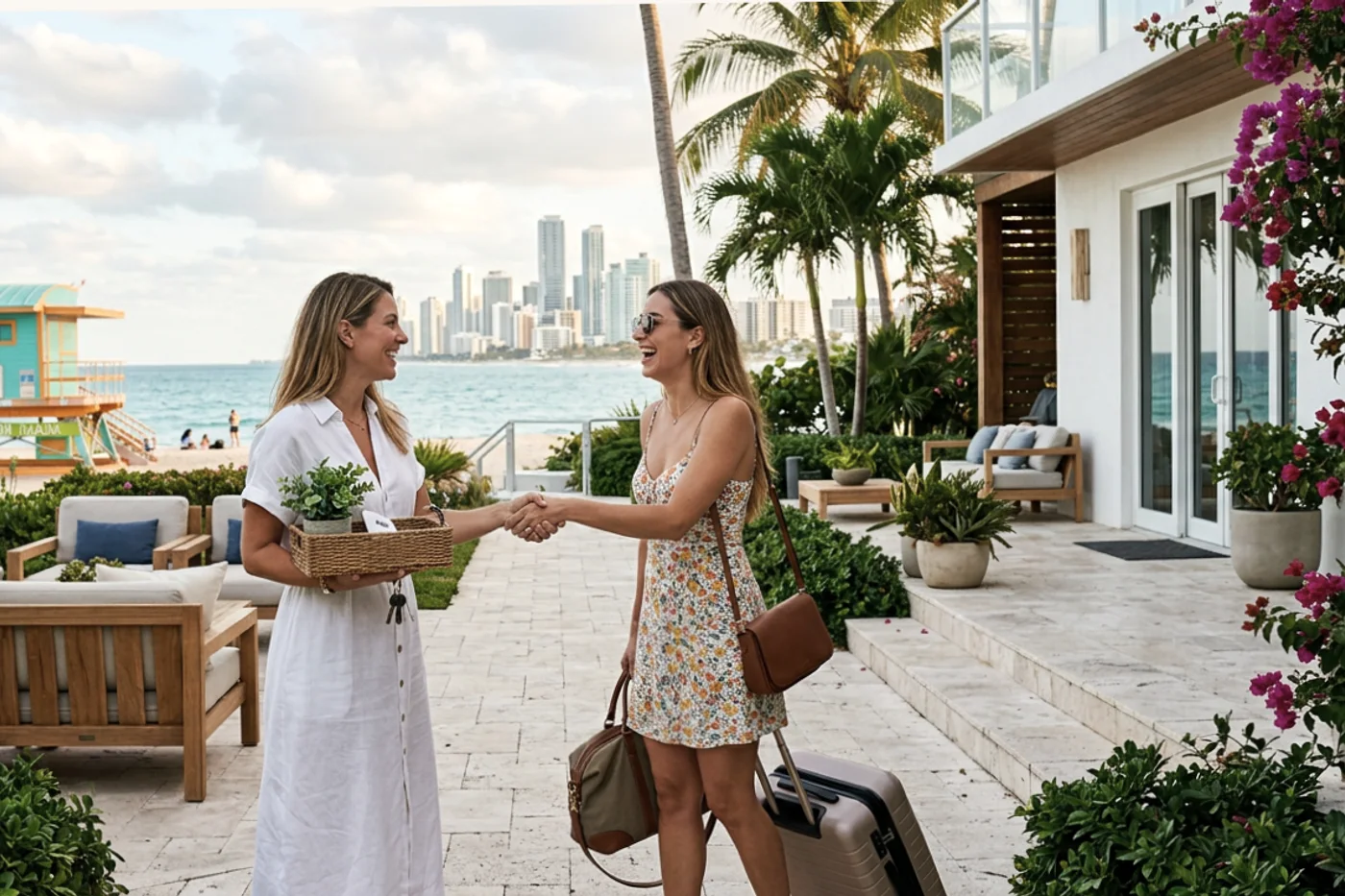 Miami host and guest using automate airbnb messages workflow with Miami Beach lifeguard towers in the background