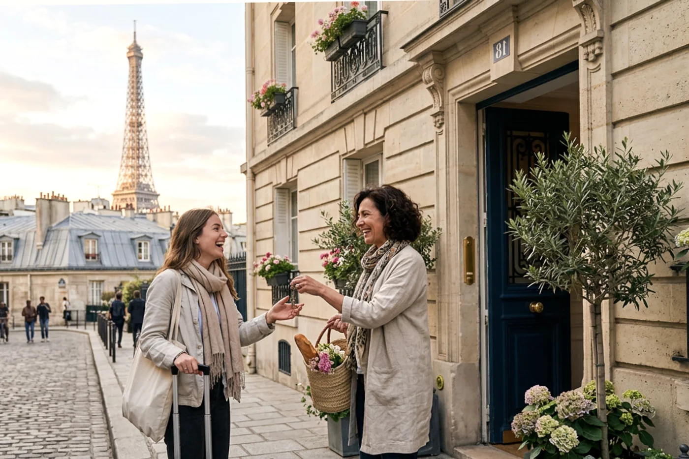 Paris host and guest using automate airbnb messages workflow with Eiffel Tower and Parisian rooftops in the background