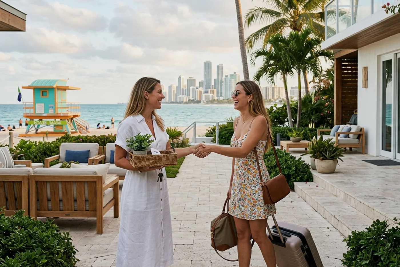 Miami host and guest using booking com pre arrival message workflow with Miami Beach lifeguard towers in the background