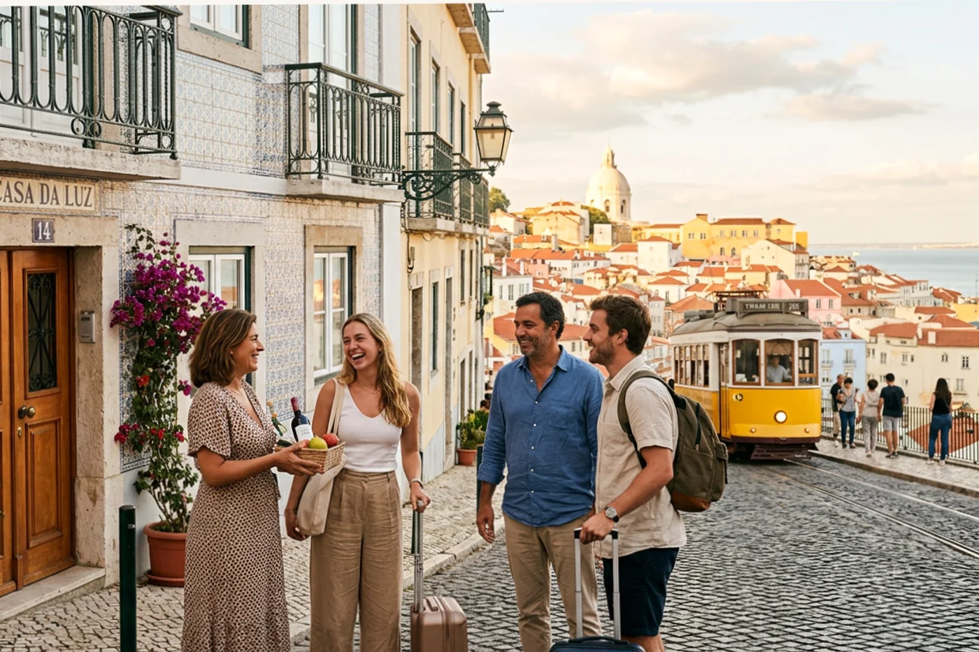 Lisbon host and guest using direct booking website airbnb workflow with Tram 28 and Alfama viewpoints in the background