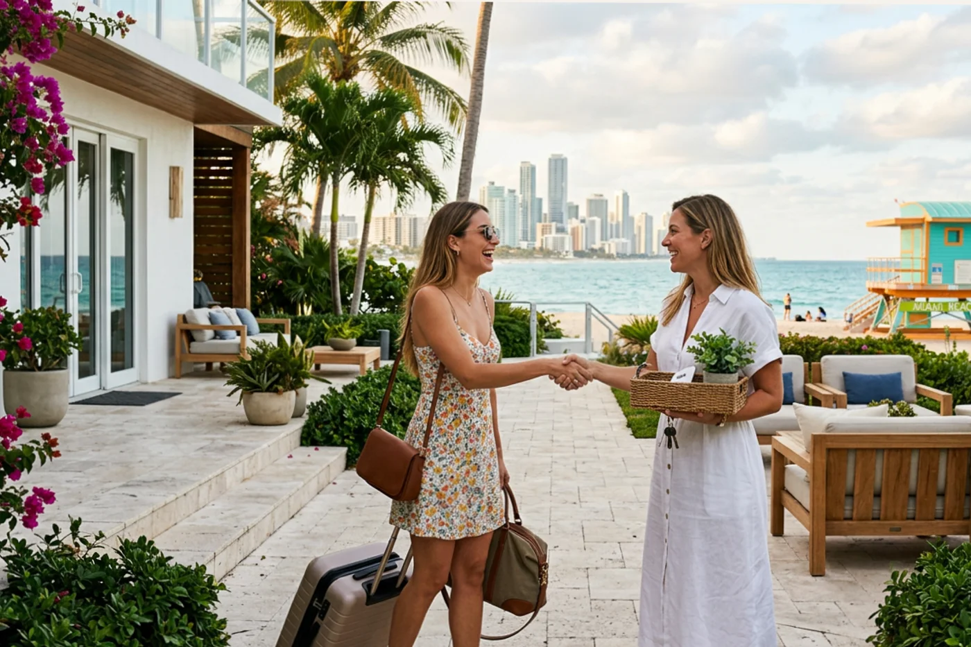 Miami host and guest using direct booking website airbnb workflow with Miami Beach lifeguard towers in the background