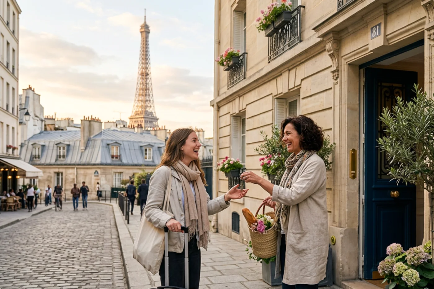 Paris host and guest using organize cleaning airbnb workflow with Eiffel Tower and Parisian rooftops in the background