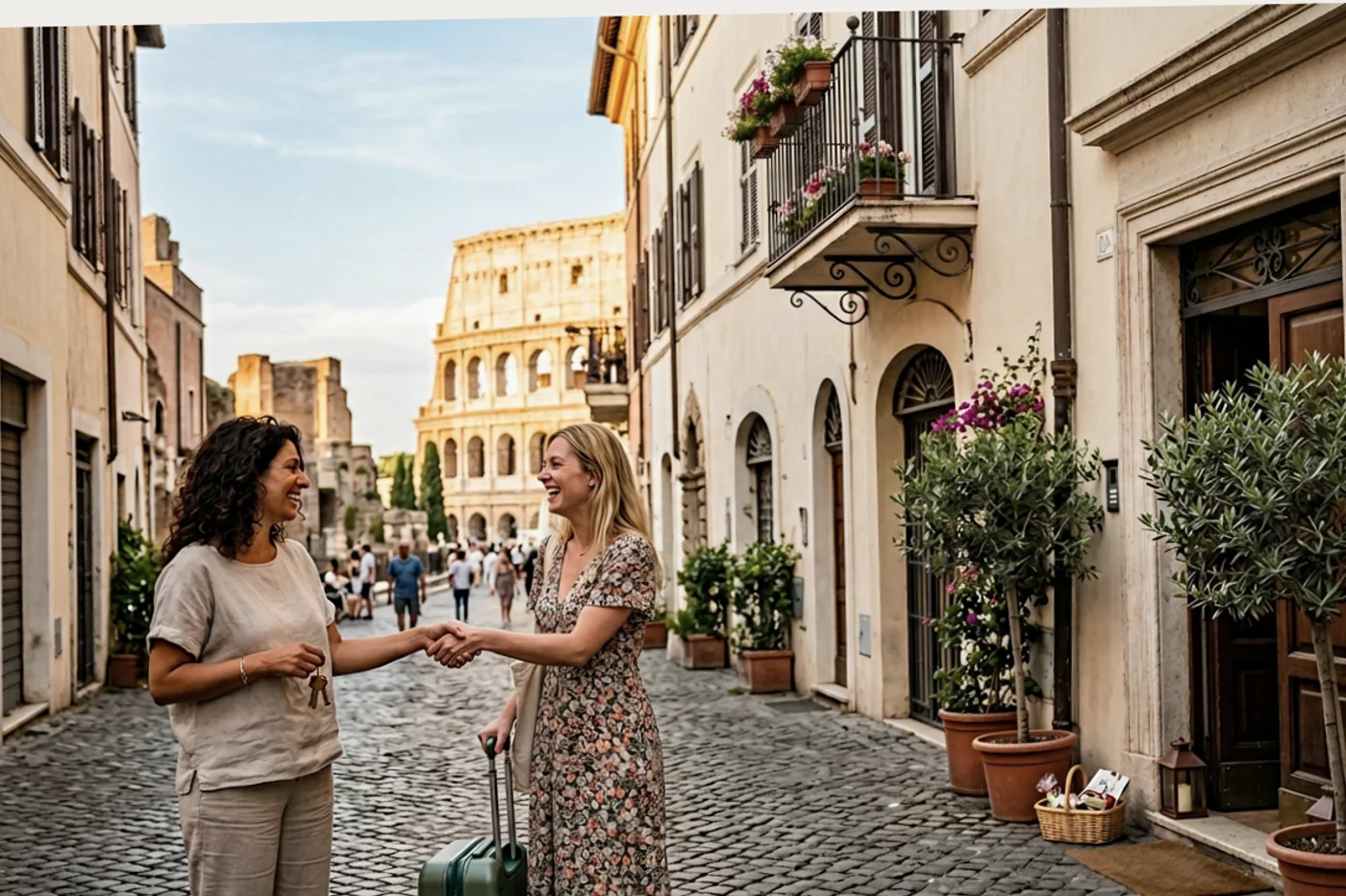 Rome host and guest using organize cleaning airbnb workflow with Colosseum and Roman streets in the background