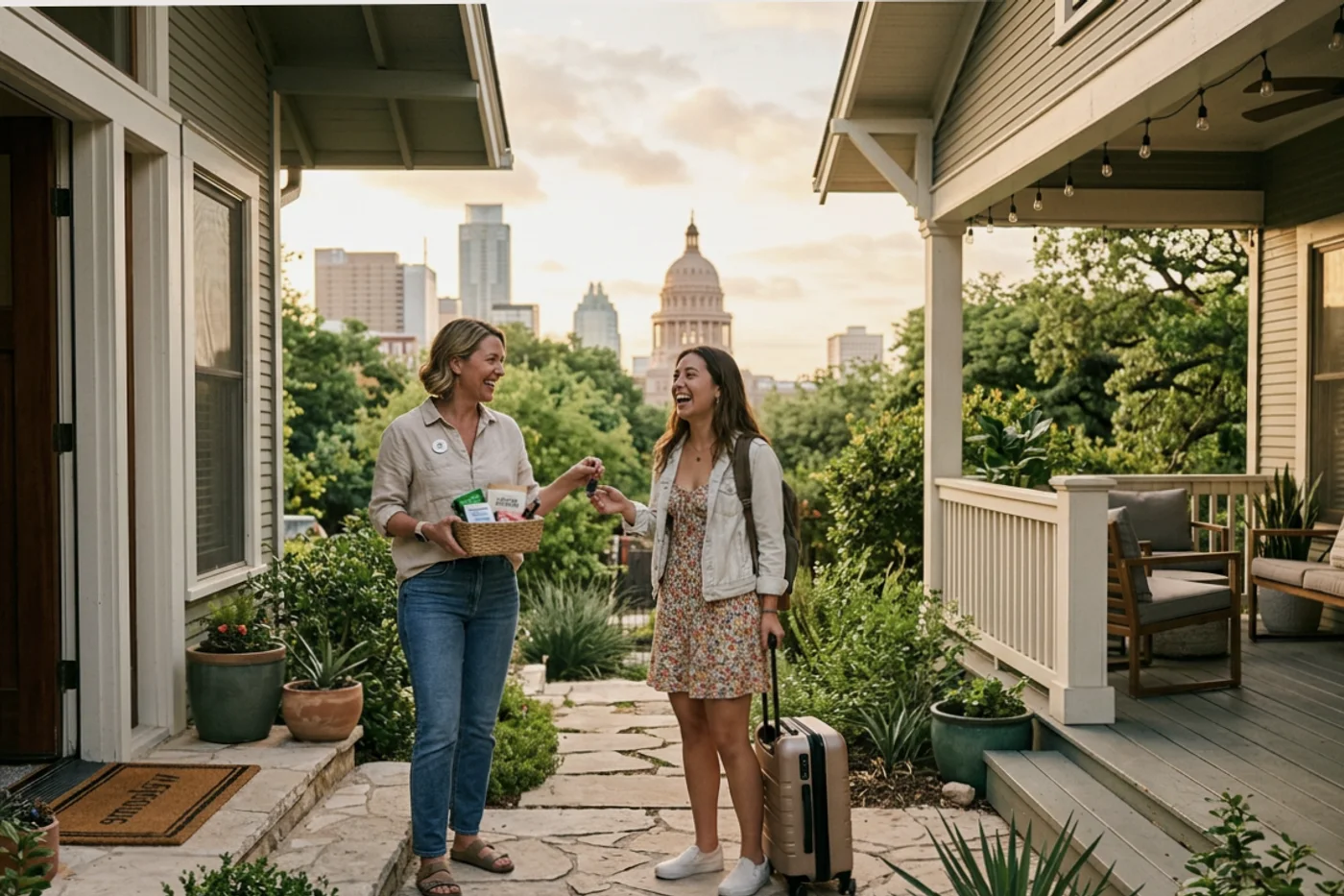 Austin host and guest using sync airbnb booking calendar workflow with Texas State Capitol in the background