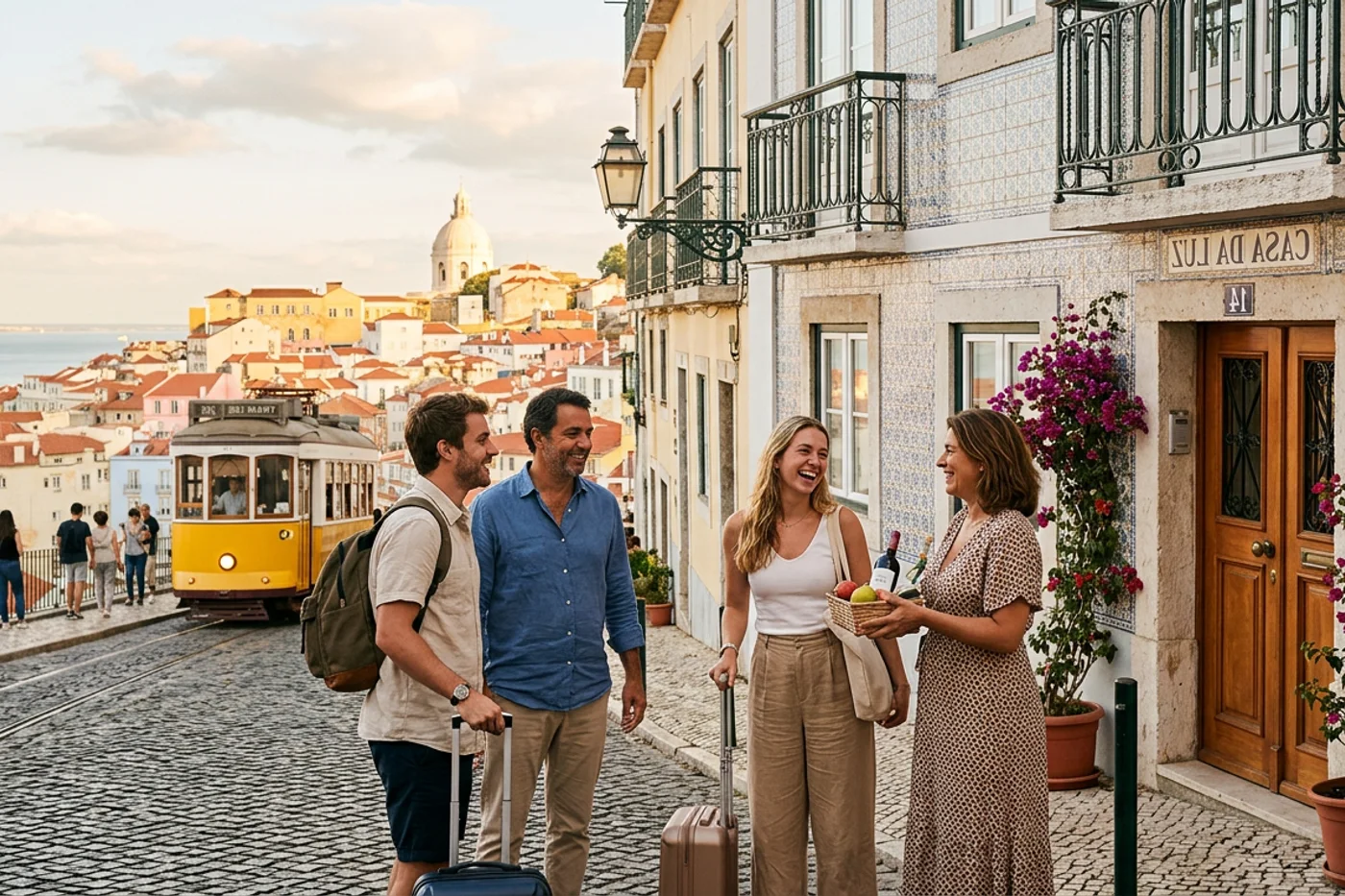 Lisbon host and guest using sync airbnb booking calendar workflow with Tram 28 and Alfama viewpoints in the background