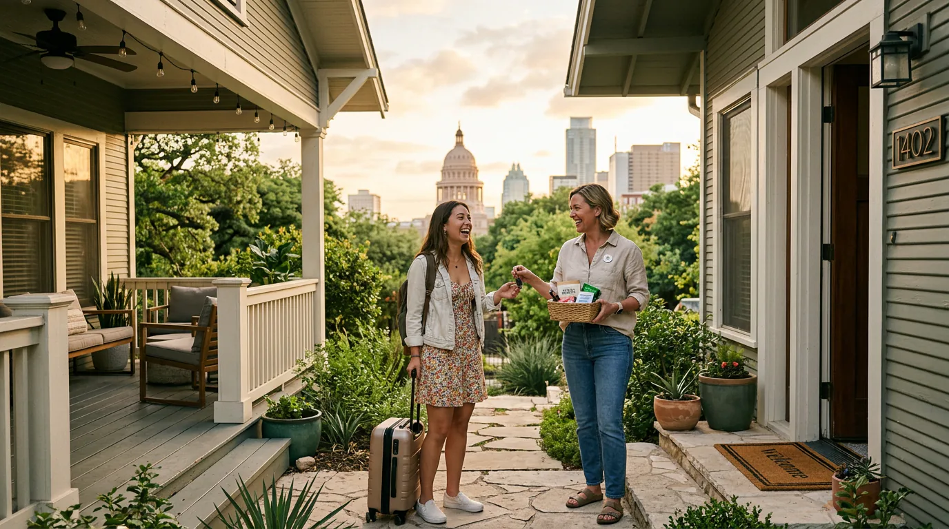 Happy host and guest in Austin with Texas State Capitol in the background