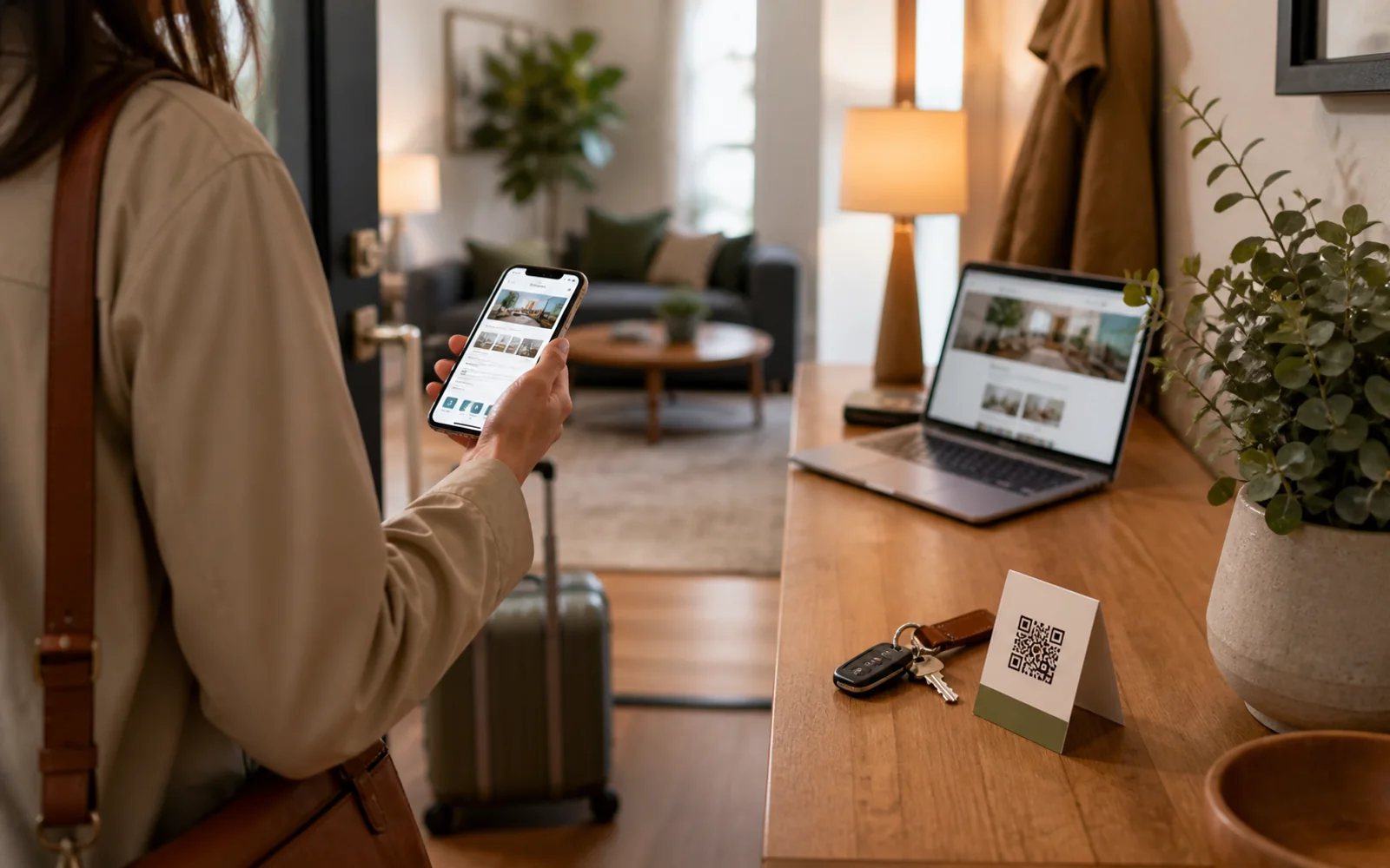 Guest using a mobile digital guide on arrival at a vacation rental