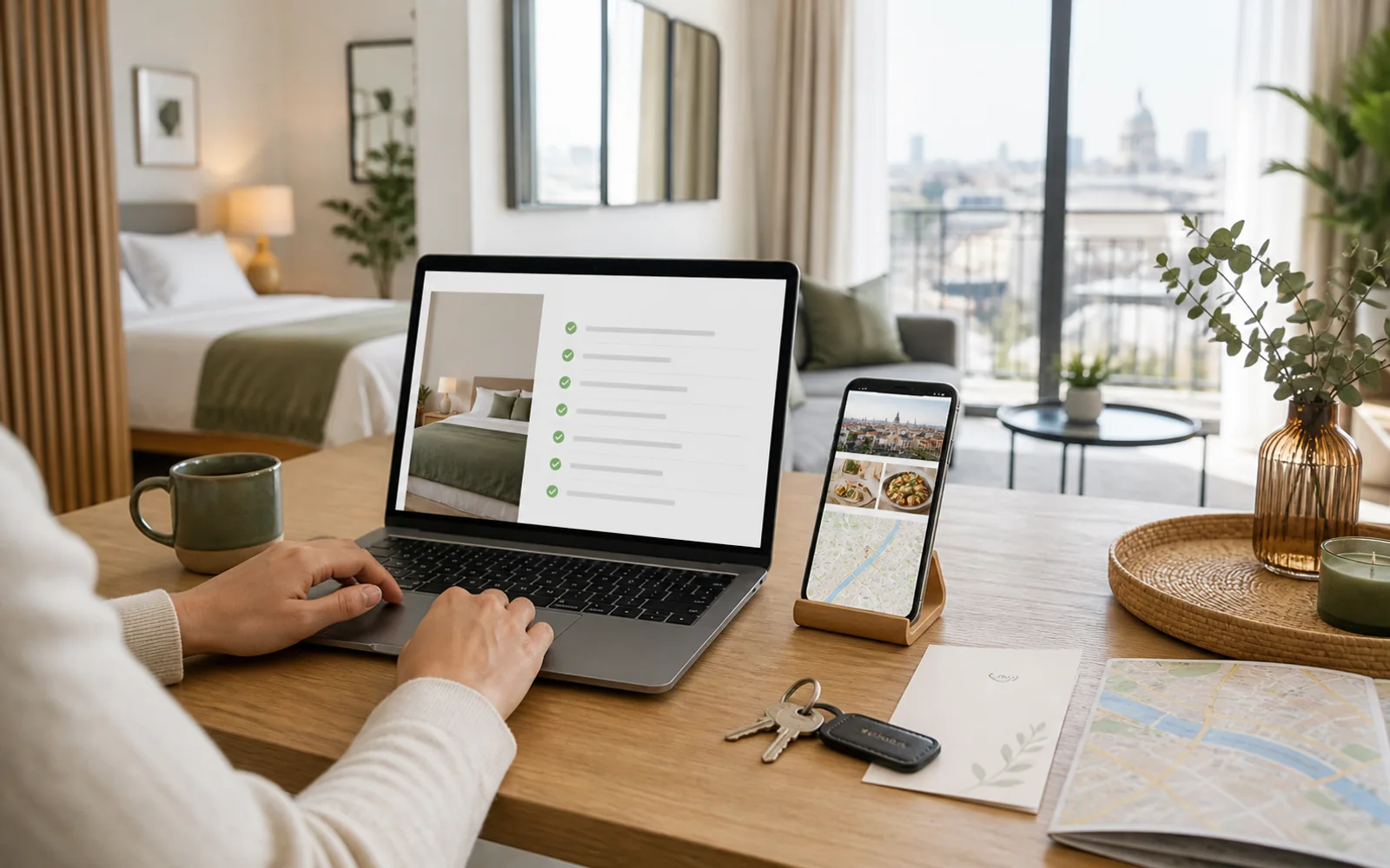 Host organizing a vacation rental workflow library on a laptop with a mobile guest guide
