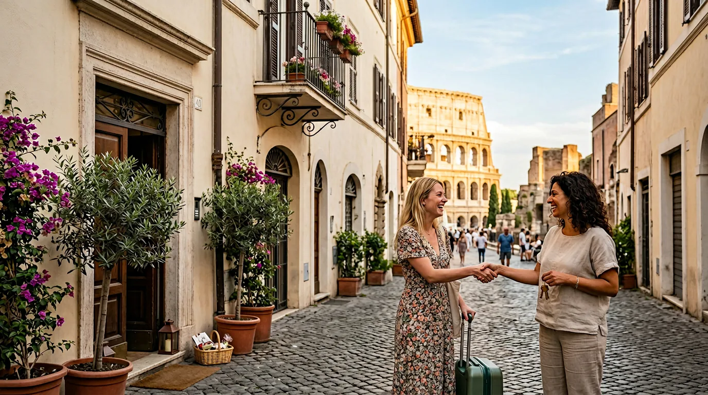 Happy host and guest in Rome with Colosseum and Roman streets in the background