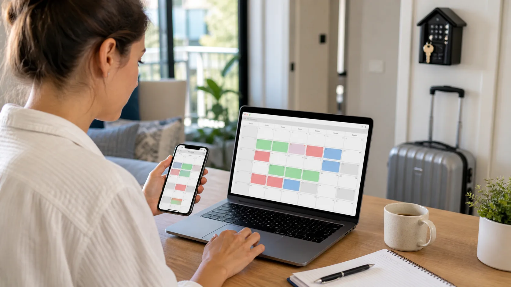 Host checking Airbnb and Booking.com calendar availability on a laptop and phone