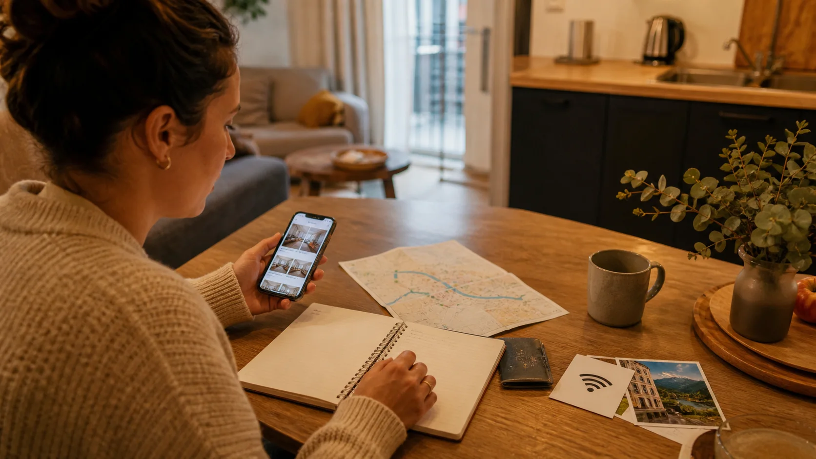Host preparing practical Airbnb guest guide information for a vacation rental