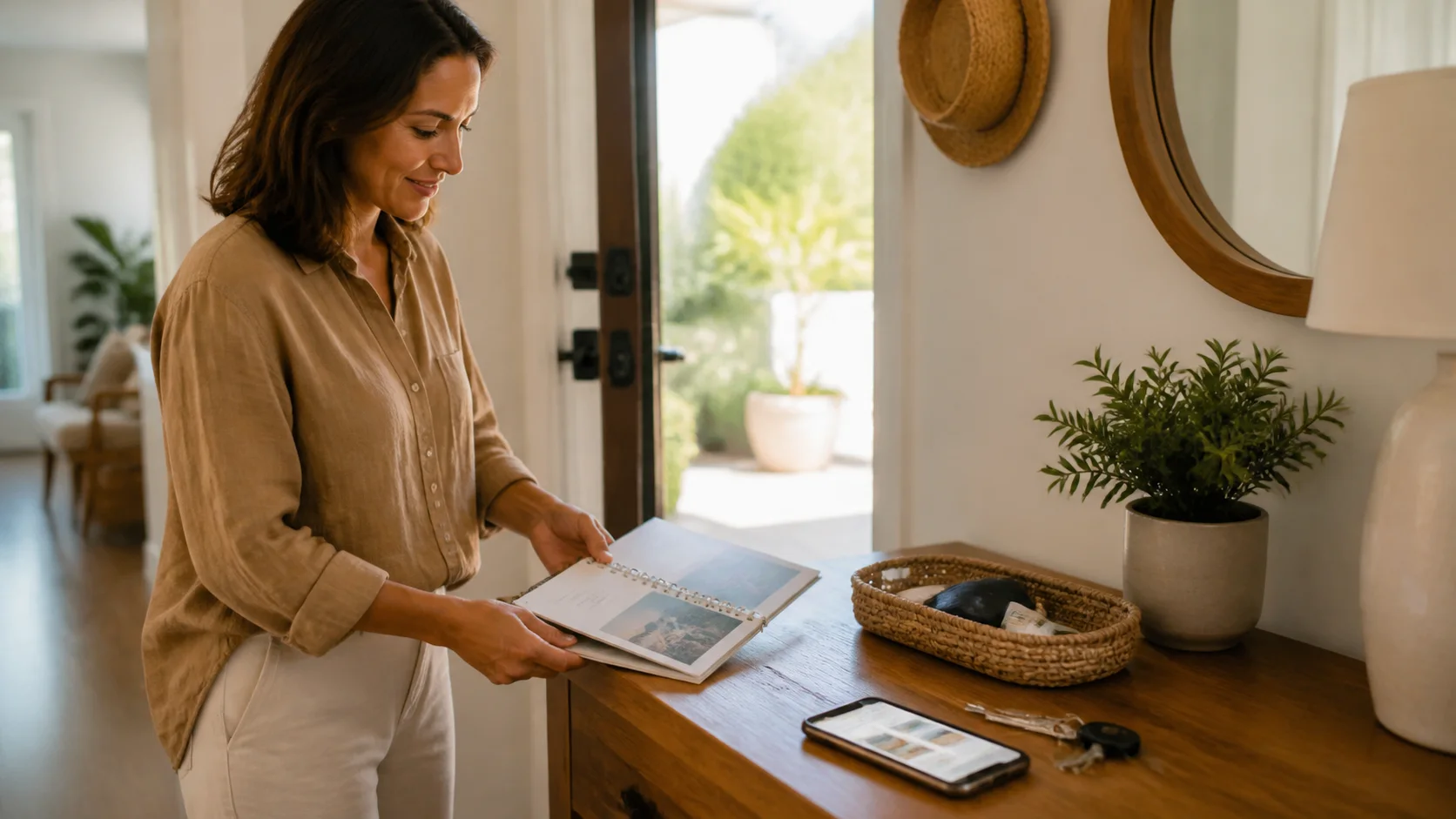 Host arranging an Airbnb welcome book and arrival essentials in a vacation rental entryway