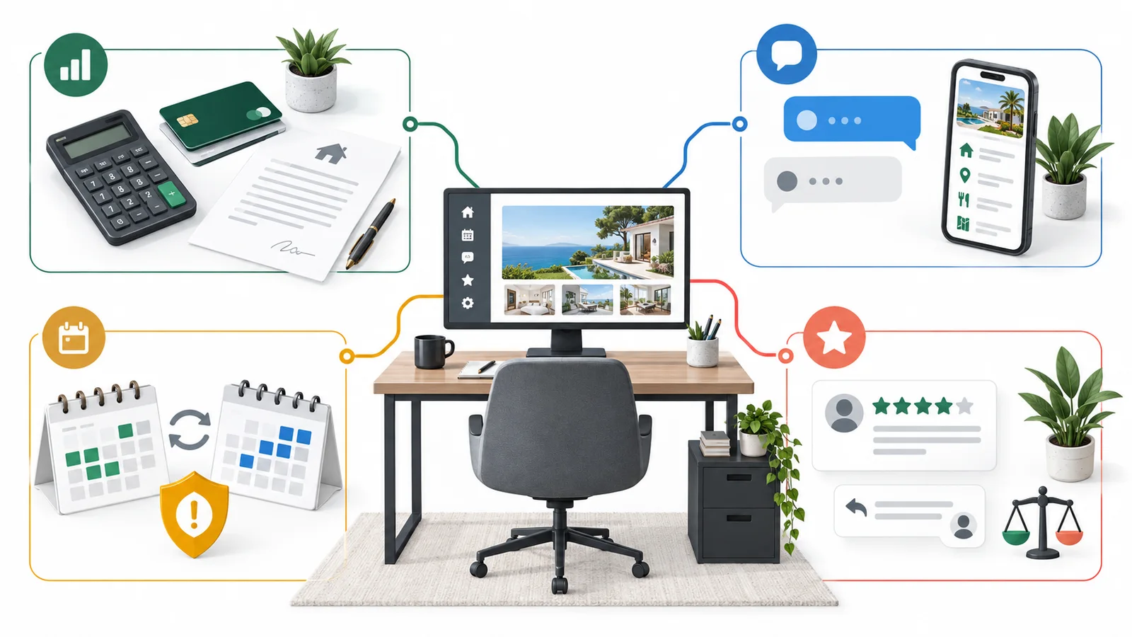 Vacation-rental host workspace connected to direct booking, guest communication, calendar safety and review tools