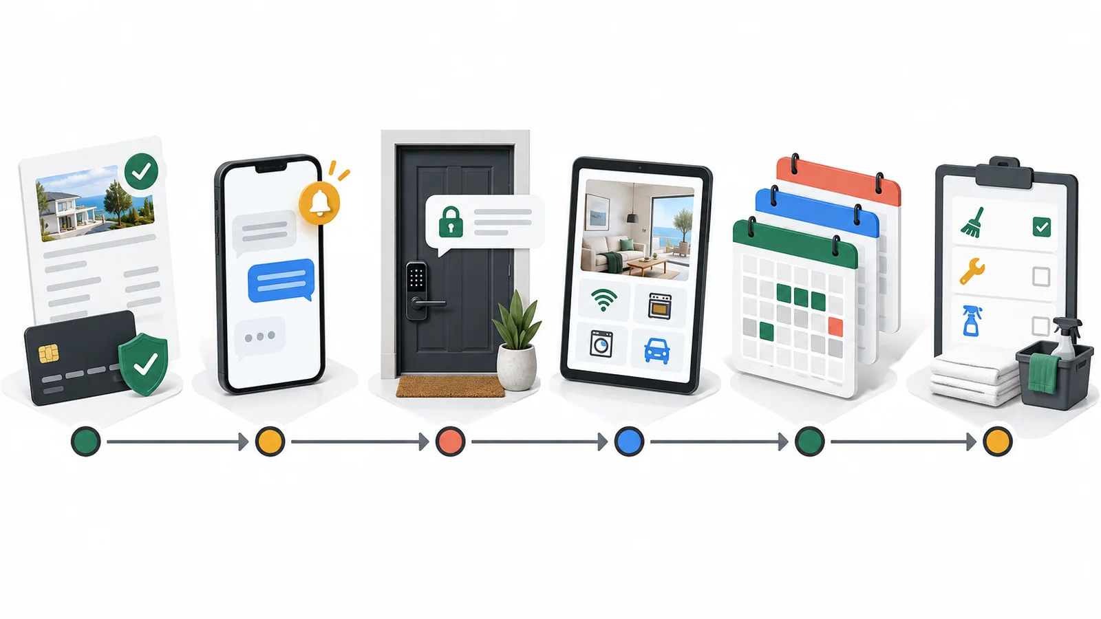 Vacation-rental information routed between booking records, guest messages, private access, guest guides, calendars and operations tasks